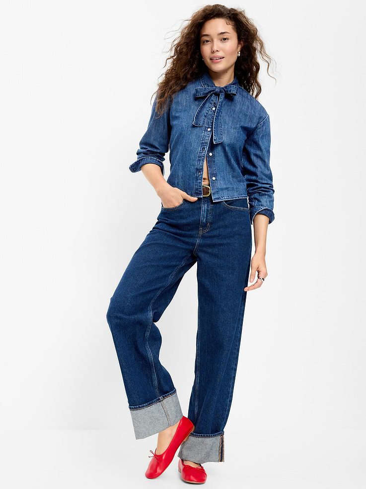 Image 3 of 6, Long-Sleeve Tie-Neck Button-Down Shirt