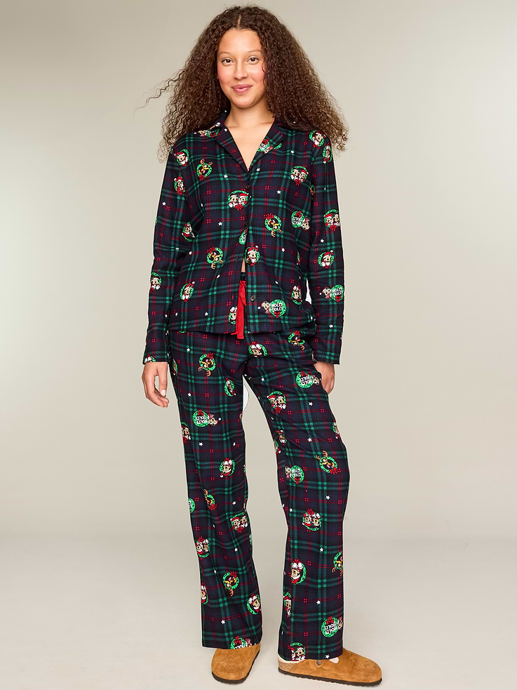 Image 1 of 8, Stay cozy all season long in our matching pajamas!, set includes pajama shirt and matching pants, spread collar, long sleeves, button front, elastic-waist pajama pants, on-seam pockets, licensed graphic, ©Disney, Product #908782
