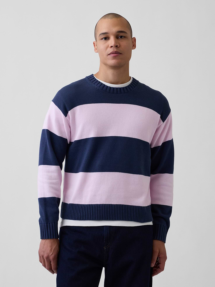 Image 1 of 5, Soft knit cotton sweater. In a relaxed, boxy fit., Crewneck., Long sleeves with drop shoulders., Ribbed cuffs and hem., Striped design., This product was made in a factory that invests in gender equity and women’s empowerment through RISE. Learn more at gapinc.com/equity ., Product #1182957
