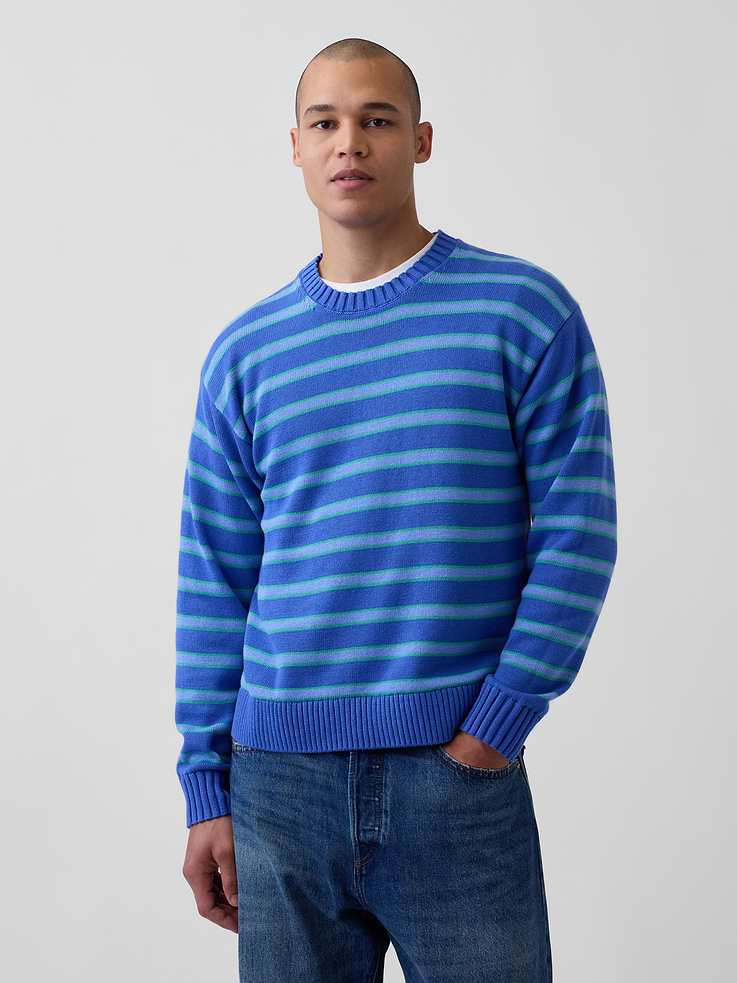 Image 1 of 5, Soft knit cotton sweater. In a relaxed, boxy fit., Crewneck., Long sleeves with drop shoulders., Ribbed cuffs and hem., Striped design., This product was made in a factory that invests in gender equity and women’s empowerment through RISE. Learn more at gapinc.com/equity ., Product #1182957