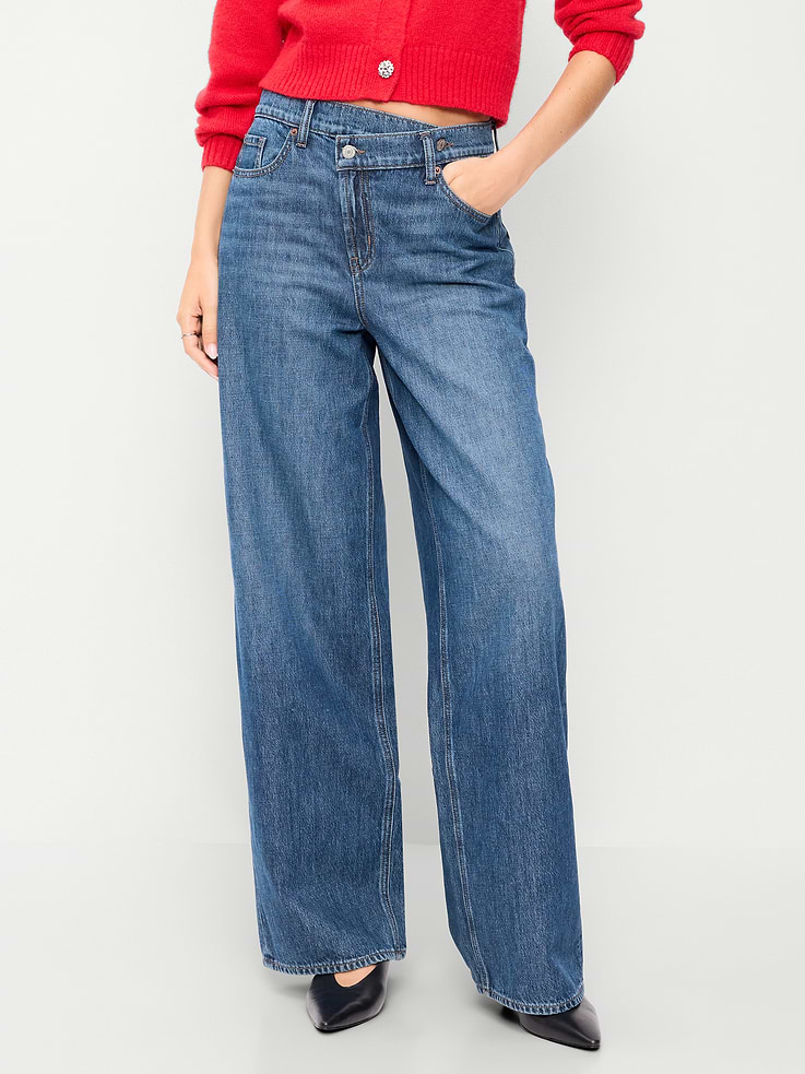 Image 2 of 7, High-Waisted Asymmetrical Button Baggy Jeans