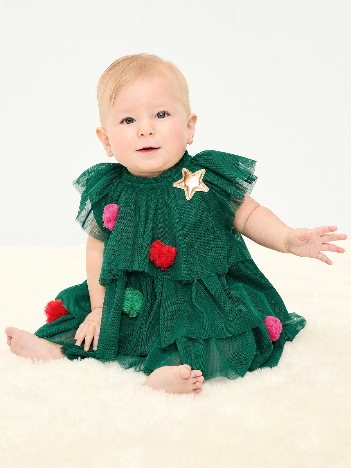Short-Sleeve Embroidered Tulle Tiered Dress for Baby