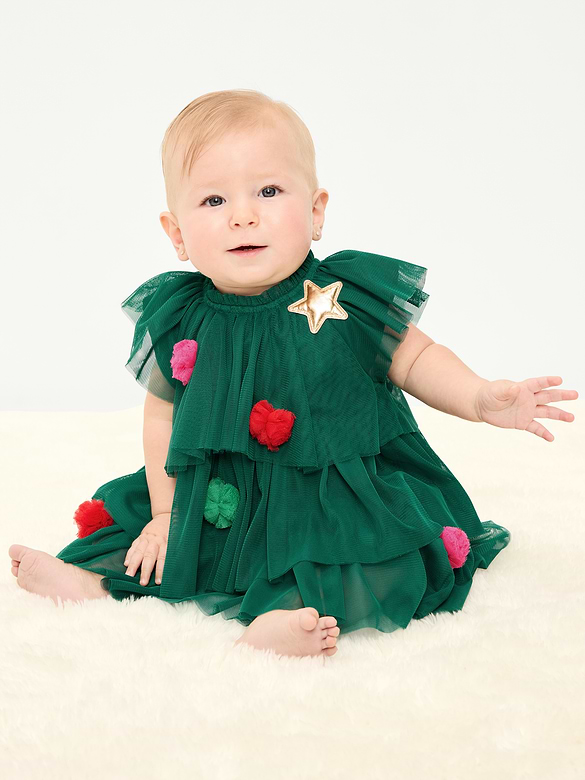 Short-Sleeve Embroidered Tulle Tiered Dress for Baby