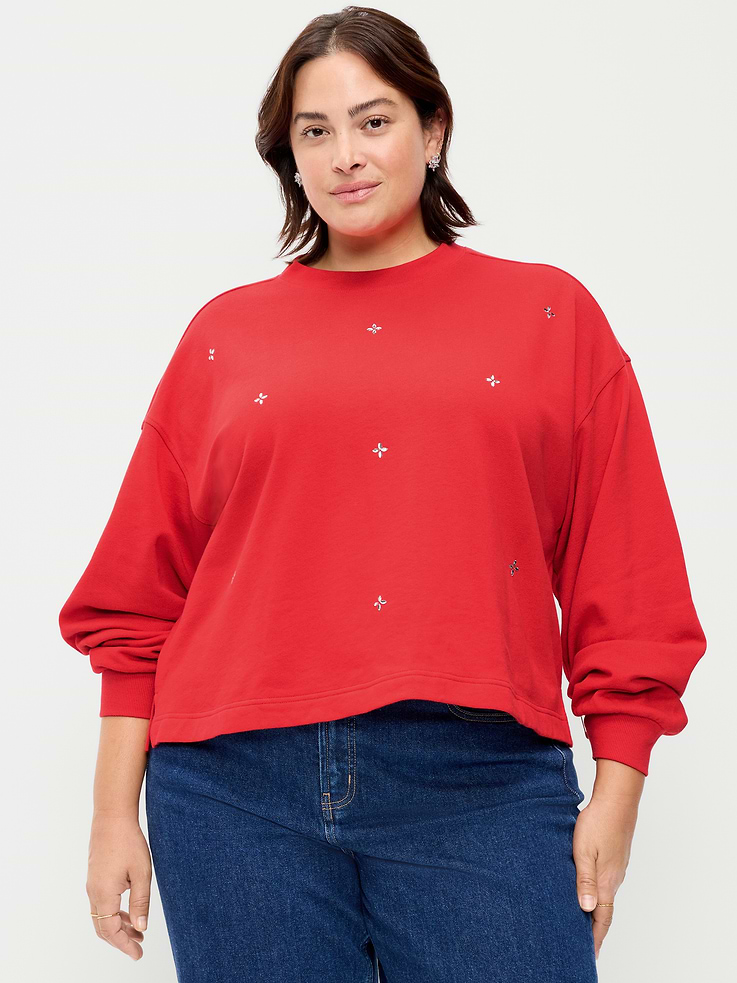 Image 4 of 7, Fleece Crew-Neck Embellished Top