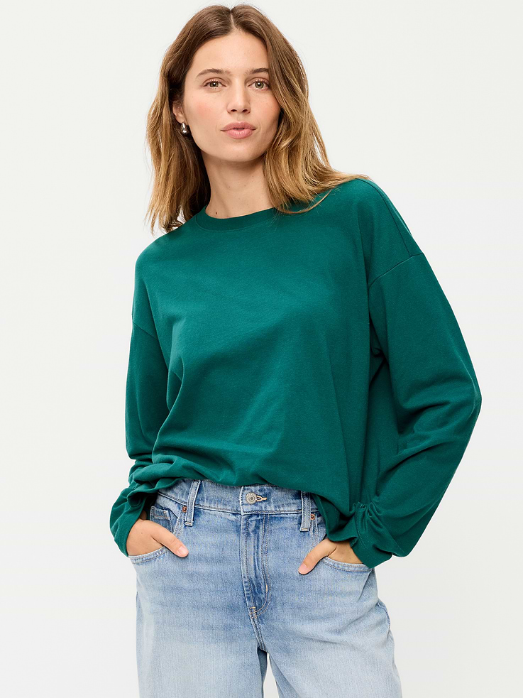 Image 1 of 4, A super relaxed fit with lived-in feels., rib-knit crew neck, long drop-shoulder sleeves, vented sides, Product #909478