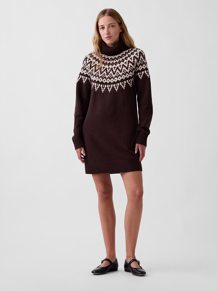 Image 1 of 6, Supersoft knit cotton-blend sweater mini dress., Turtleneck., Long raglan sleeves., Fair Isle design at top., Ribbed cuffs and hem., Product #1185330