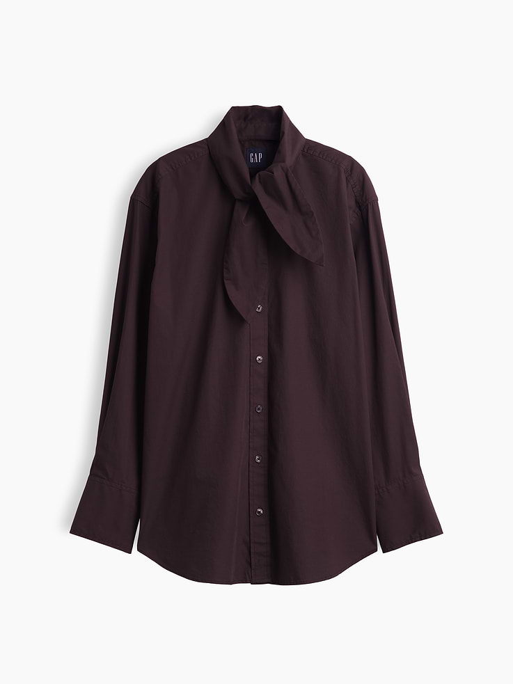 Image 5 of 5, Organic Cotton Poplin Tie-Neck Big Shirt