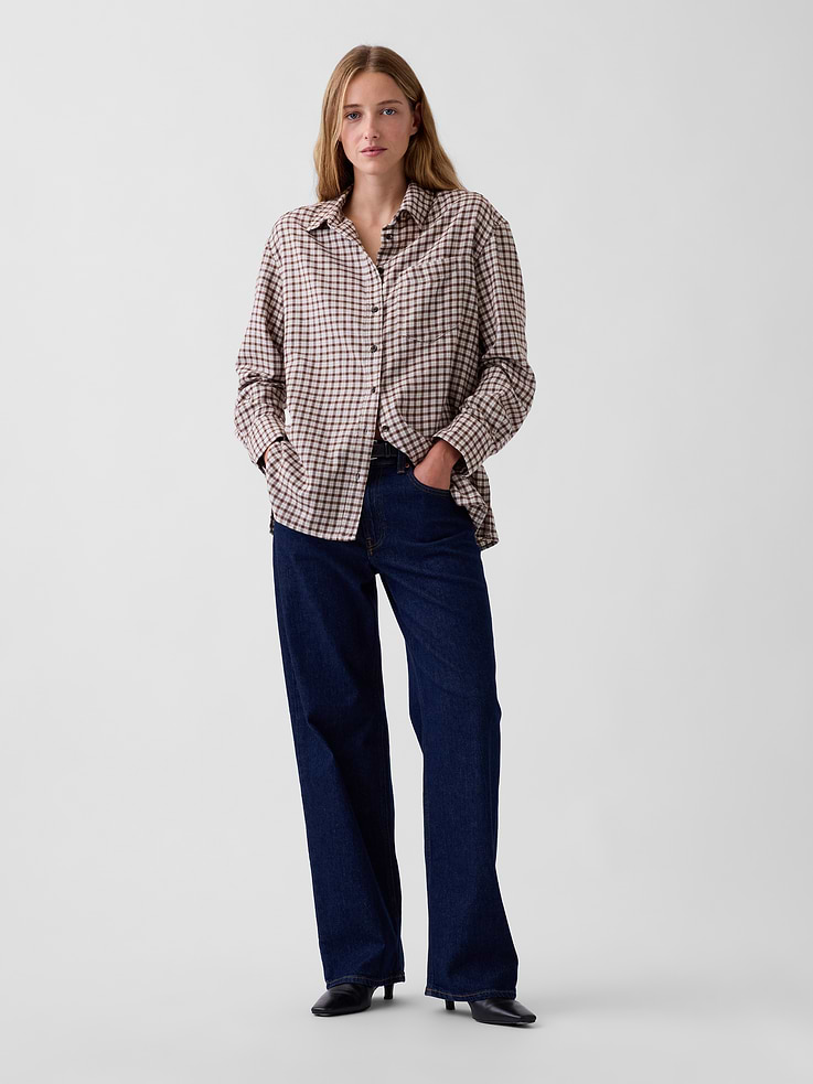 Image 2 of 5, Oversized Straight-Hem Flannel Shirt