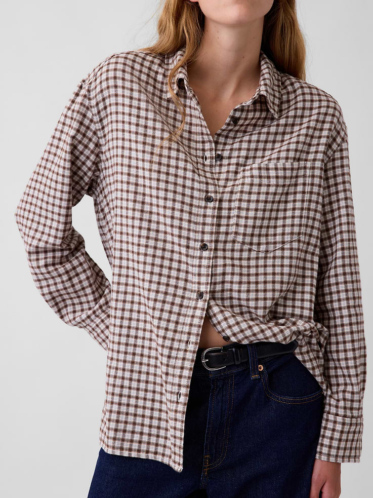 Image 4 of 5, Oversized Straight-Hem Flannel Shirt