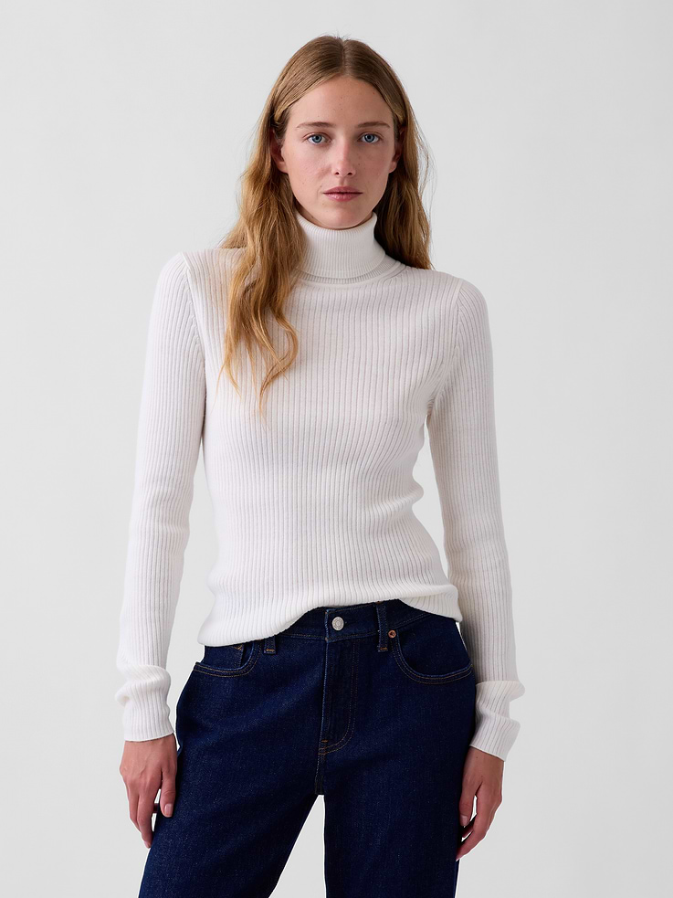 Image 1 of 5, Supersoft, lightweight ribbed knit sweater. Fitted in a slightly cropped length., Turtleneck., Long sleeves., Made with 25% recycled polyester. Compared to virgin materials, using recycled materials helps reduce resource use and waste., Product #1184982