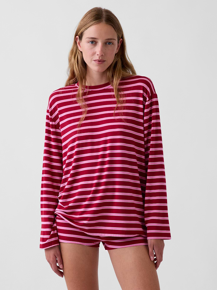 Image 1 of 4, The modal PJs of your dreams. Buttery soft. Naturally cool. With a little stretch. For sleeping, lounging, comfortably., Supersoft stretch modal pajama T-shirt. In an oversized fit and tunic length., Crewneck., Long sleeves with drop shoulders., Product #1182047