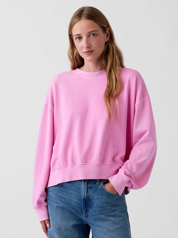 Image 1 of 2, Soft cotton-blend French terry pullover wedge sweatshirt. In an ultra oversized fit and slightly cropped length., Crewneck., Long sleeves with drop shoulders., Banded rib cuffs and hem., Slit at side hems., Made with 23% recycled polyester. Compared to virgin materials, using recycled materials helps reduce resource use and waste., Product #1180261
