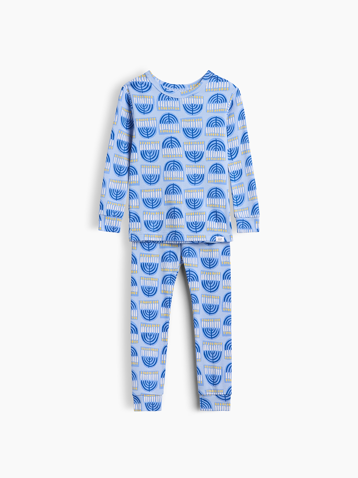 Image 1 of 3, Soft cotton pajama top and pants set with a cozy brushed interior., Crewneck., Long sleeves., Elasticized waist at PJ pants., Banded cuffs., Allover Hanukkah print., Made with 100% organically grown cotton, which is grown without the use of synthetic pesticides and fertilizers., Note: Sizing extends up to 12 YRS., Product #913294