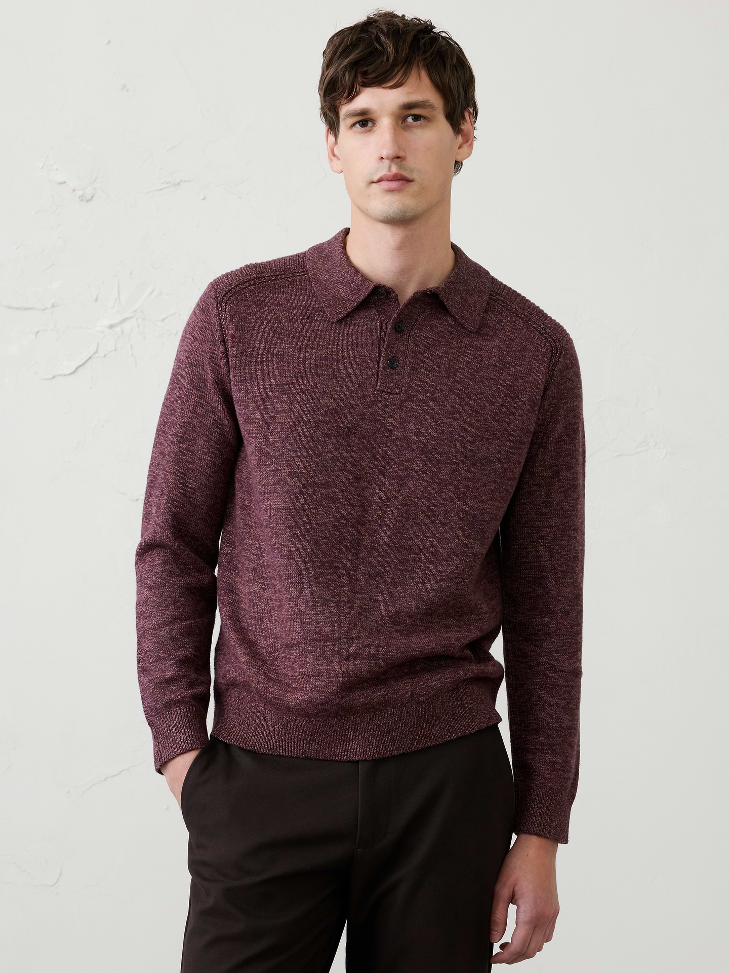 Image 1 of 3, Crafted from our ultra‑soft lofty yarn, this sweater polo combines exceptional comfort with rich texture and dimension for a look that feels elevated and luxurious. Offered in a range of beautiful colors, it’s an easy everyday style that brings effortless polish to both casual and dressed‑up looks., Polo collar. Long sleeves., Button placket., Ribbed collar, arm cuffs and hem., Made exclusively for Banana Republic Factory., Product #1175820