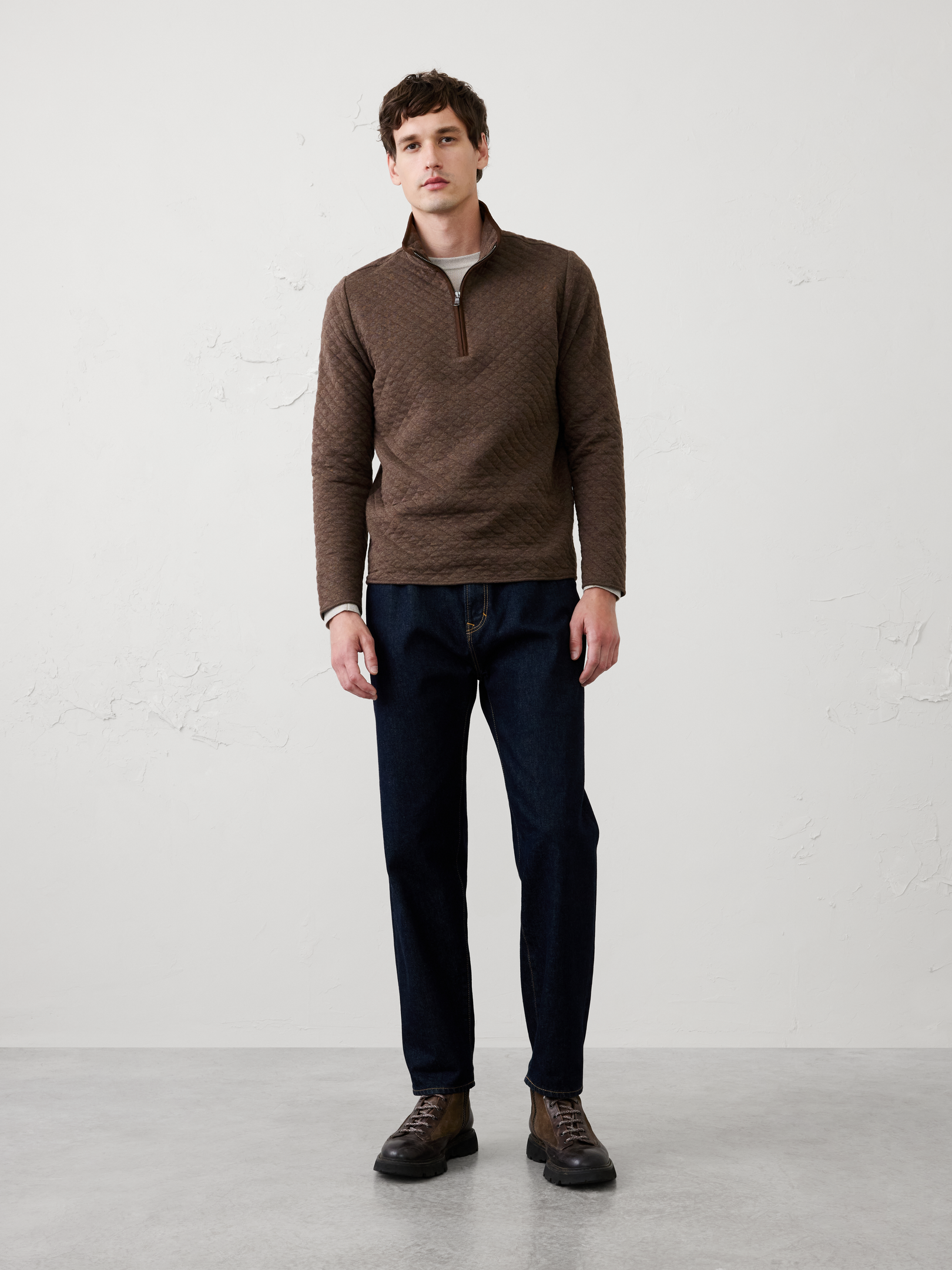 Image 1 of 3, Made from a soft diamond‑quilted fabric, this quarter‑zip delivers warmth with a refined, textured look. Easy to layer over tees and shirts, it offers versatile comfort and polished style for cooler days., Mock neck. Long sleeves., Quarter-zip neckline., Vegan suede contrast trim details., Diamond quilting throughout adds texture and lightweight insulation., Made exclusively for Banana Republic Factory., To view a copy of this product’s label, copy the style number below and search this database Law Label Lookup <, Product #1181066