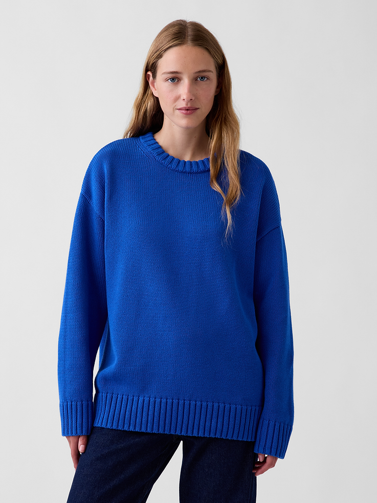 Image 1 of 6, Soft 100% cotton knit oversized sweater., Double-layer crewneck., Long sleeves with drop shoulders and banded cuffs., Certain styles have allover stripes., Ribbed hem., This product was made in a factory that invests in gender equity and women’s empowerment through RISE. Learn more at gapinc.com/equity ., Product #820732