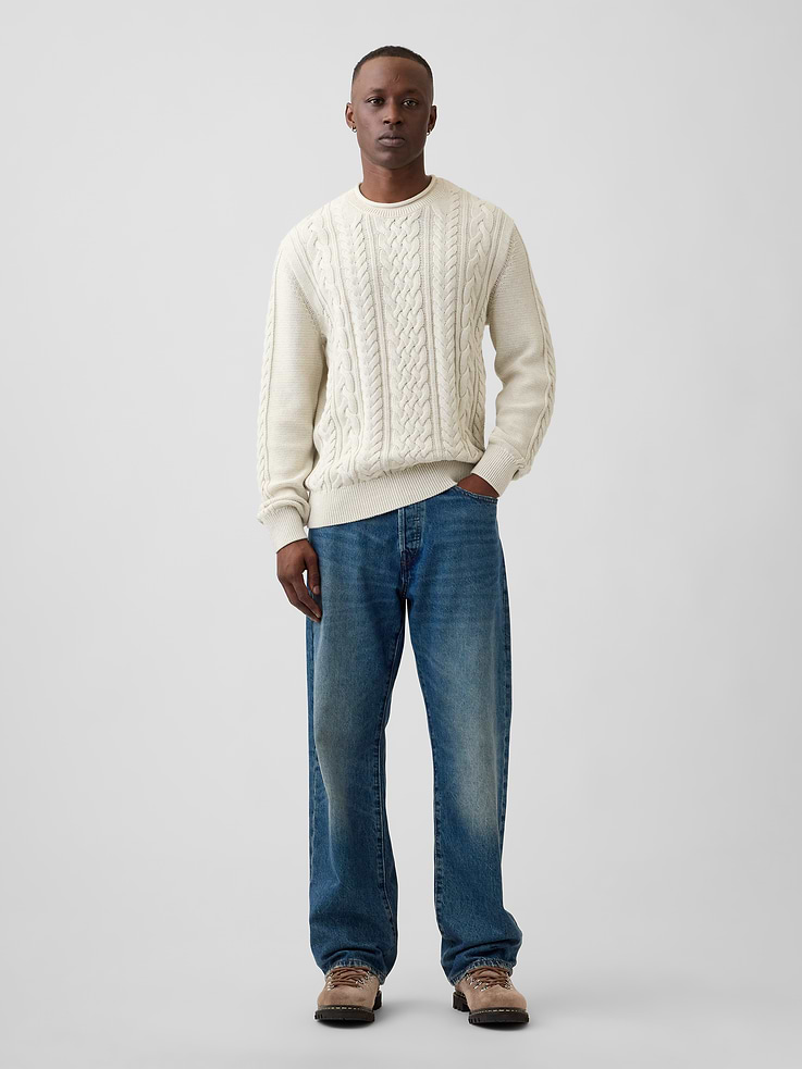 Image 3 of 5, 100% Cotton Relaxed Cable-Knit Crewneck Sweater