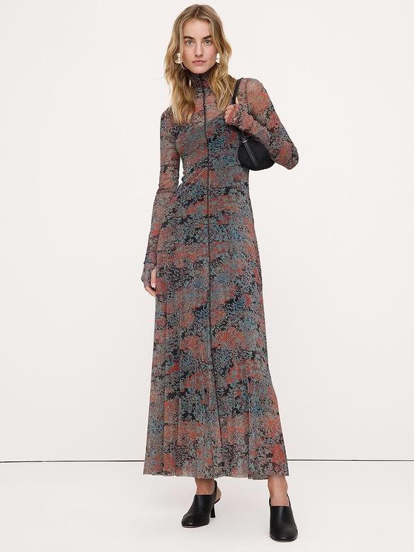 Mesh Long-Sleeve Maxi Dress