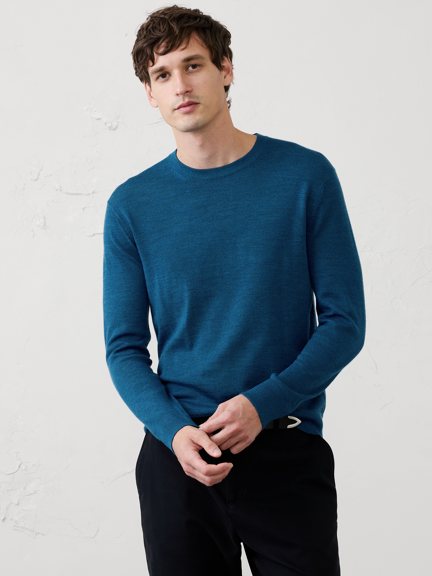 Image 1 of 8, WASHABLE MERINO WOOL: Skip the dry cleaners, this 100% Merino wool sweater is lightweight, comfortable, moisture wicking, odor resistant and machine washable., Crew neck. Long sleeves., Ribbed neck, arm cuffs and hem., Straight hem., Made exclusively for Banana Republic Factory., Product #486773