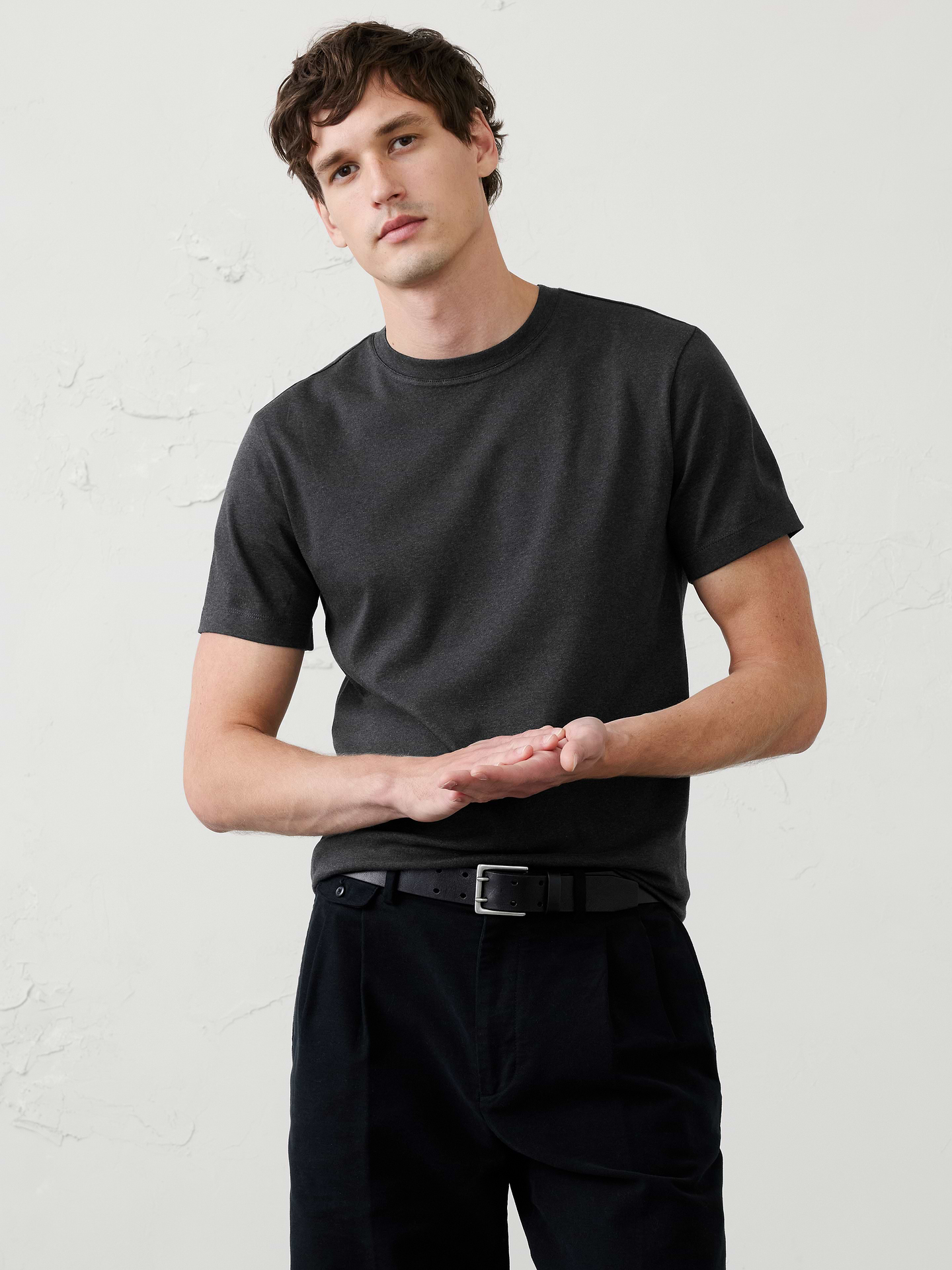 Image 1 of 8, Made with 100% cotton interlock, which is extremely soft, firm, and absorbent. Mercerization treatment gives this fabric a silk-like lustrous appearance for a polished look and hand feel, adding strength and reducing shrinkage., Crew neck. Short sleeves., Straight hem., Made exclusively for Banana Republic Factory., Product #667140