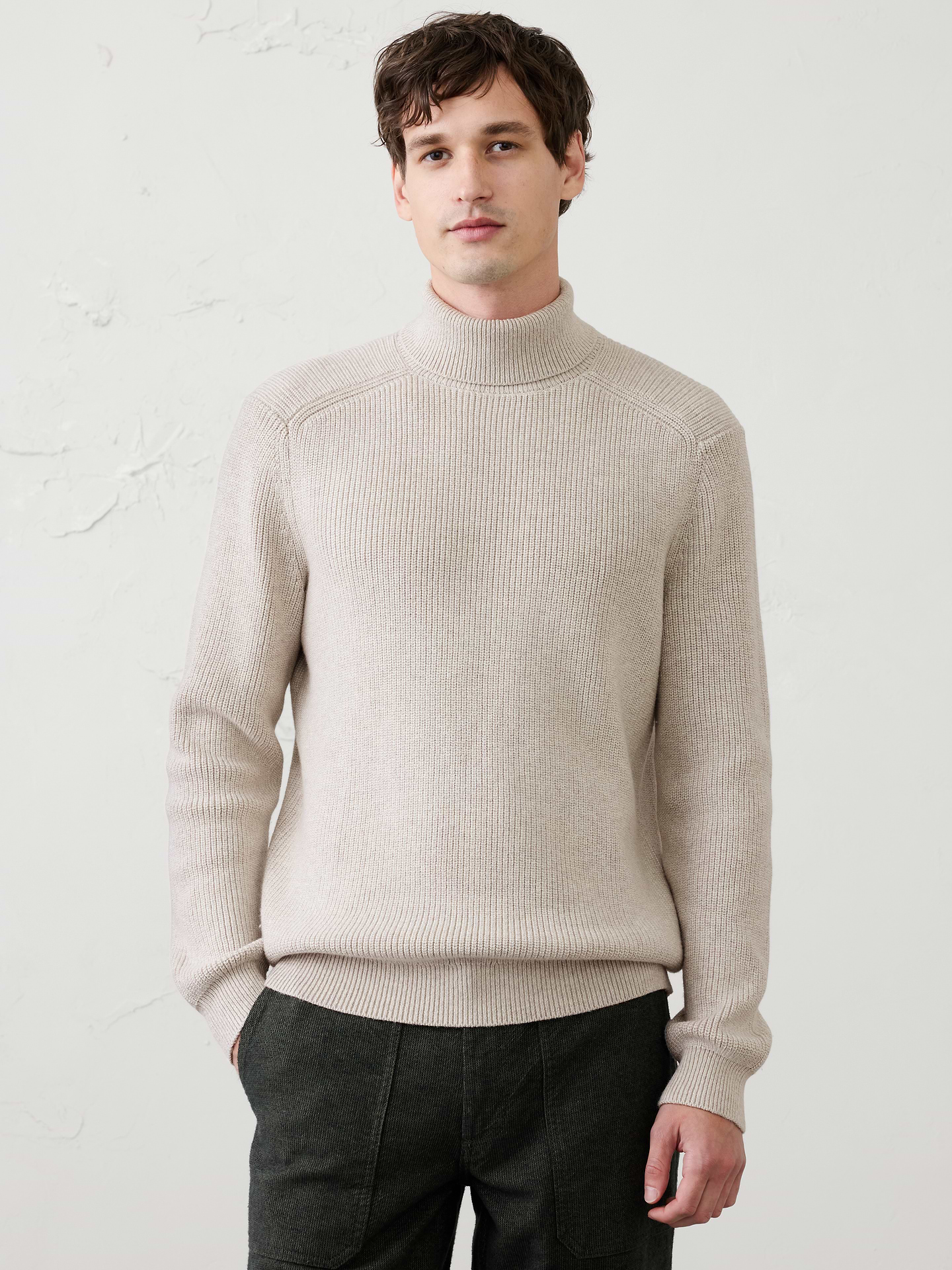 Image 1 of 1, Crafted from our ultra‑soft lofty yarn, this turtleneck sweater delivers exceptional comfort with rich texture and dimension that create a luxurious, elevated look. The cozy turtleneck adds warmth and polish, while the richly textured knit brings depth and visual interest to the silhouette., Folded turtleneck. Long sleeves., Ribbed neckline, arm cuffs and hem., Made exclusively for Banana Republic Factory., Product #1175821