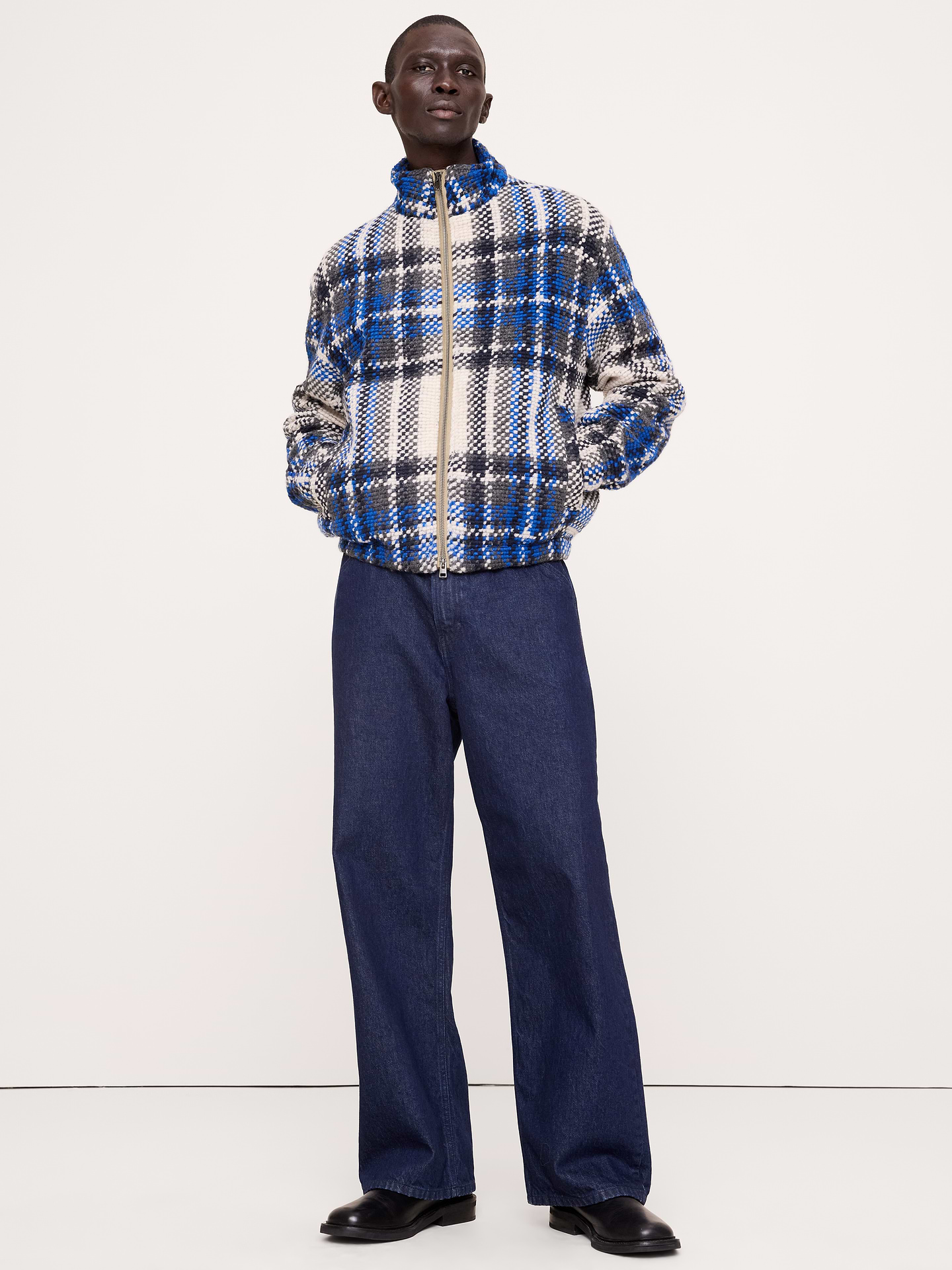 Image 1 of 8, Athletic with a twist, this knit track jacket is made from a brushed plaid fabric—the perfect fusion of old-school style and modern athleisure., Standard fit: A straight and easy fit. Blouson hem., Stand collar with zip closure., Straight hem., Unlined., Product #910759