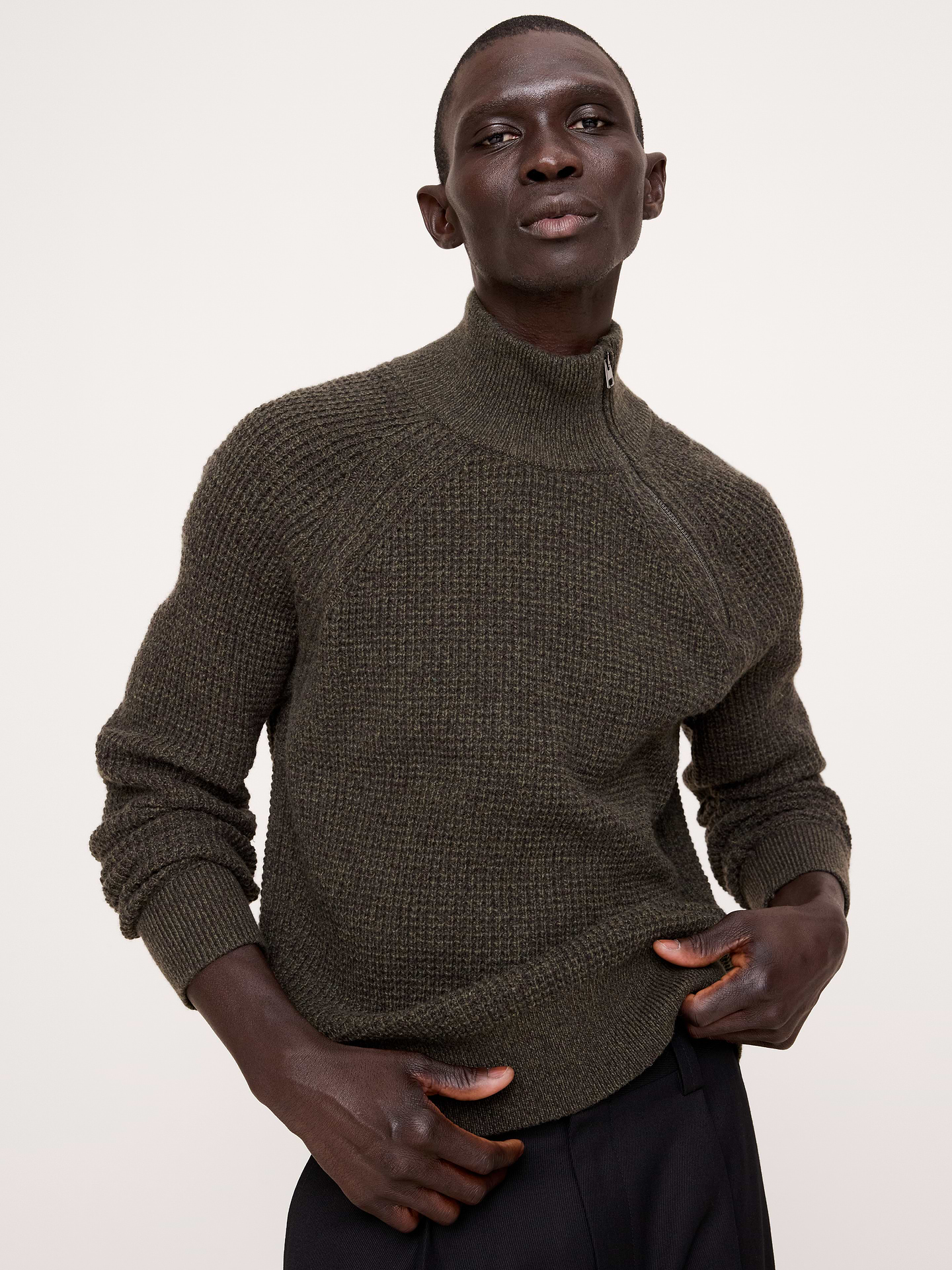 Image 1 of 5, This moto-inspired sweater is crafted from a luxe, extra-fine Merino wool blend with waffle-stitch detail and a mock neck with an asymmetrical zip closure., Relaxed Fit: A straight & roomy fit with dropped shoulder seams., Fabric from Italy's Filpucci mill., Mock neck with asymmetrical zip placket., Straight hem., Product #906732