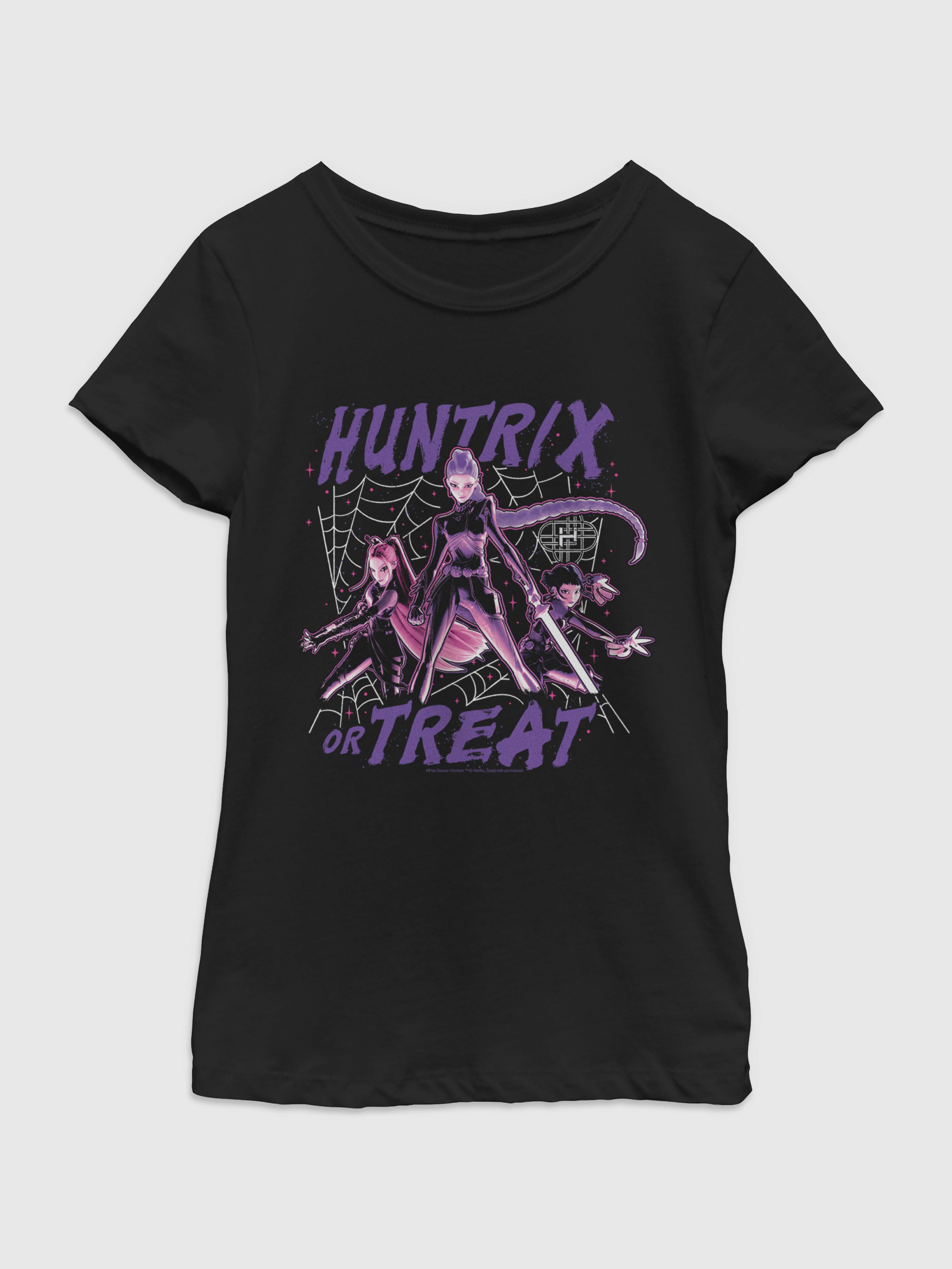 Image 1 of 4, Soft cotton T-shirt., Crewneck., Short sleeves., Officially licensed K-Pop Demon Hunters Huntrix Or Treat graphic at front. Fifth Sun is an internationally recognized manufacturer of exclusive licensed graphic apparel and innovative fashions for premium brands like Star Wars, Disney, Marvel, and Nintendo., This item is printed on demand