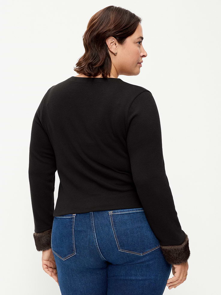 Image 9 of 9, Long-Sleeve Faux-Fur Cuff Tie-Front Top