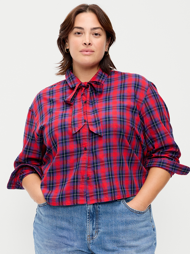 Image 7 of 8, Long-Sleeve Tie-Neck Button-Down Shirt