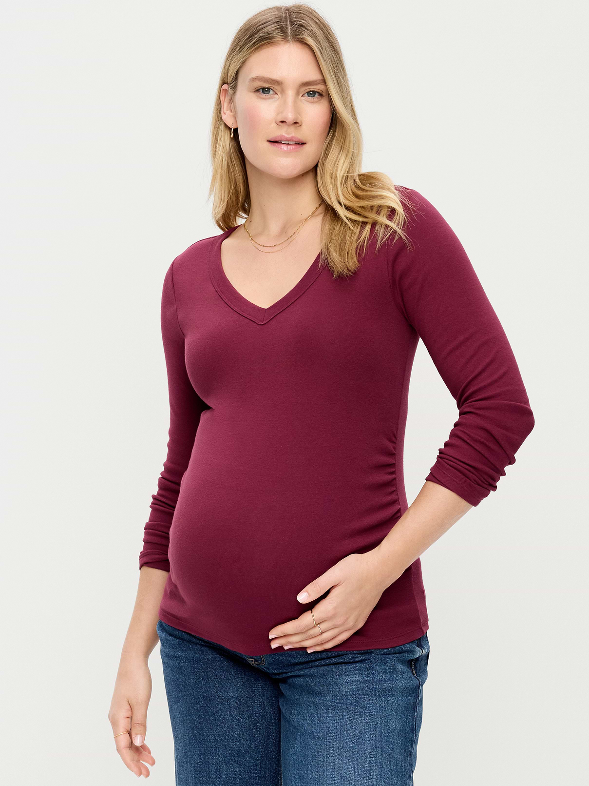 Image 1 of 2, A skimming fit that hugs your bod just right., v-neck, long sleeves, shirred sides for a flexible fit, Product #1187937