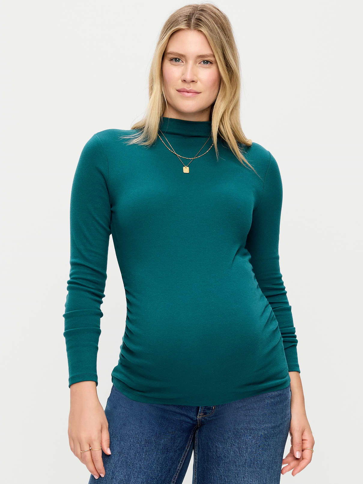 Image 1 of 2, mock neck, long sleeves, shirred sides for a flexible fit, Product #1187947