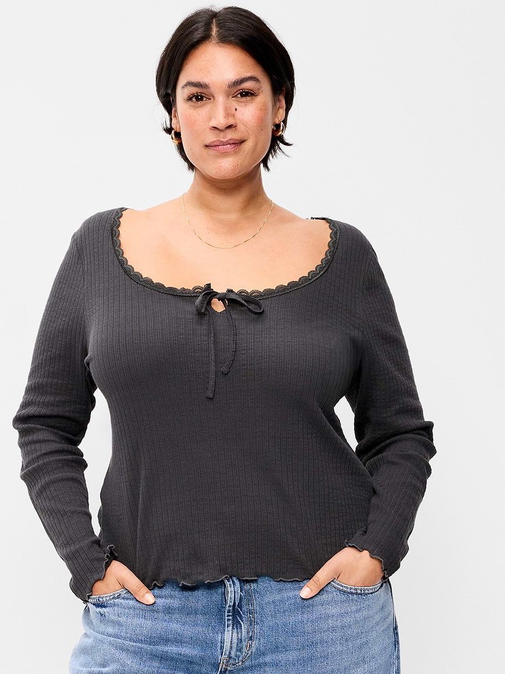 Image 5 of 6, Long-Sleeve Pointelle Knit Lace-Trim Top