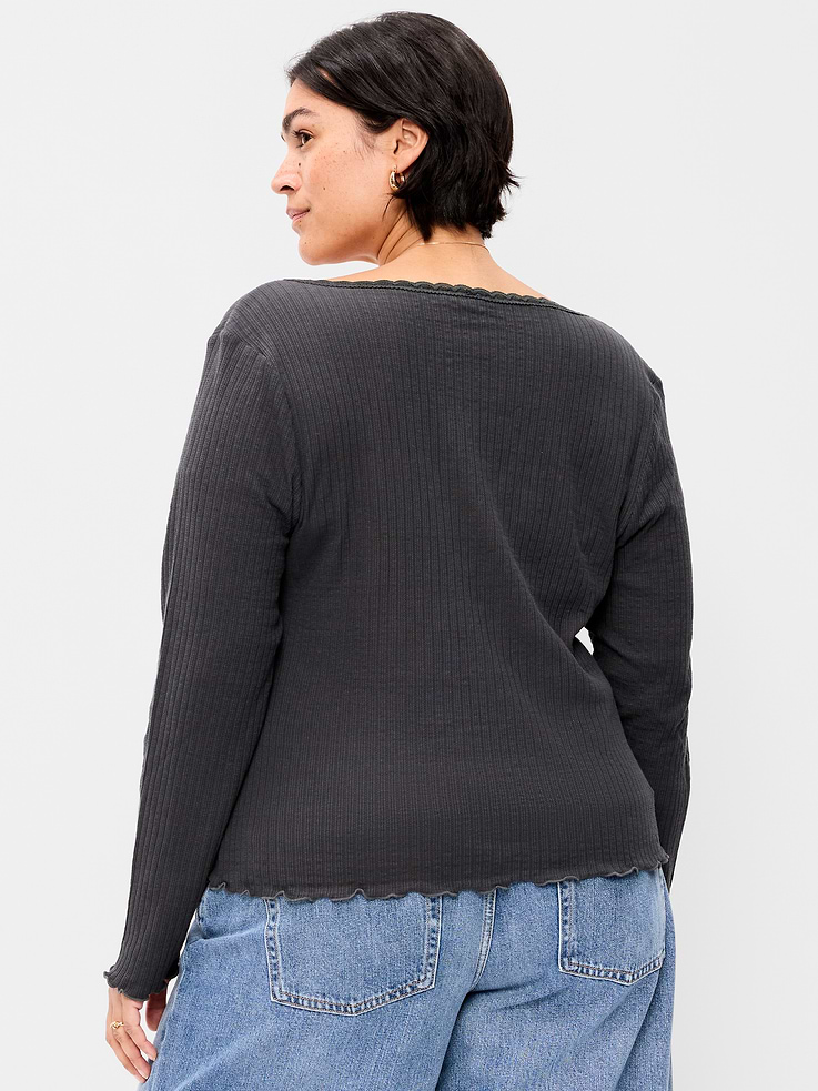 Image 6 of 6, Long-Sleeve Pointelle Knit Lace-Trim Top