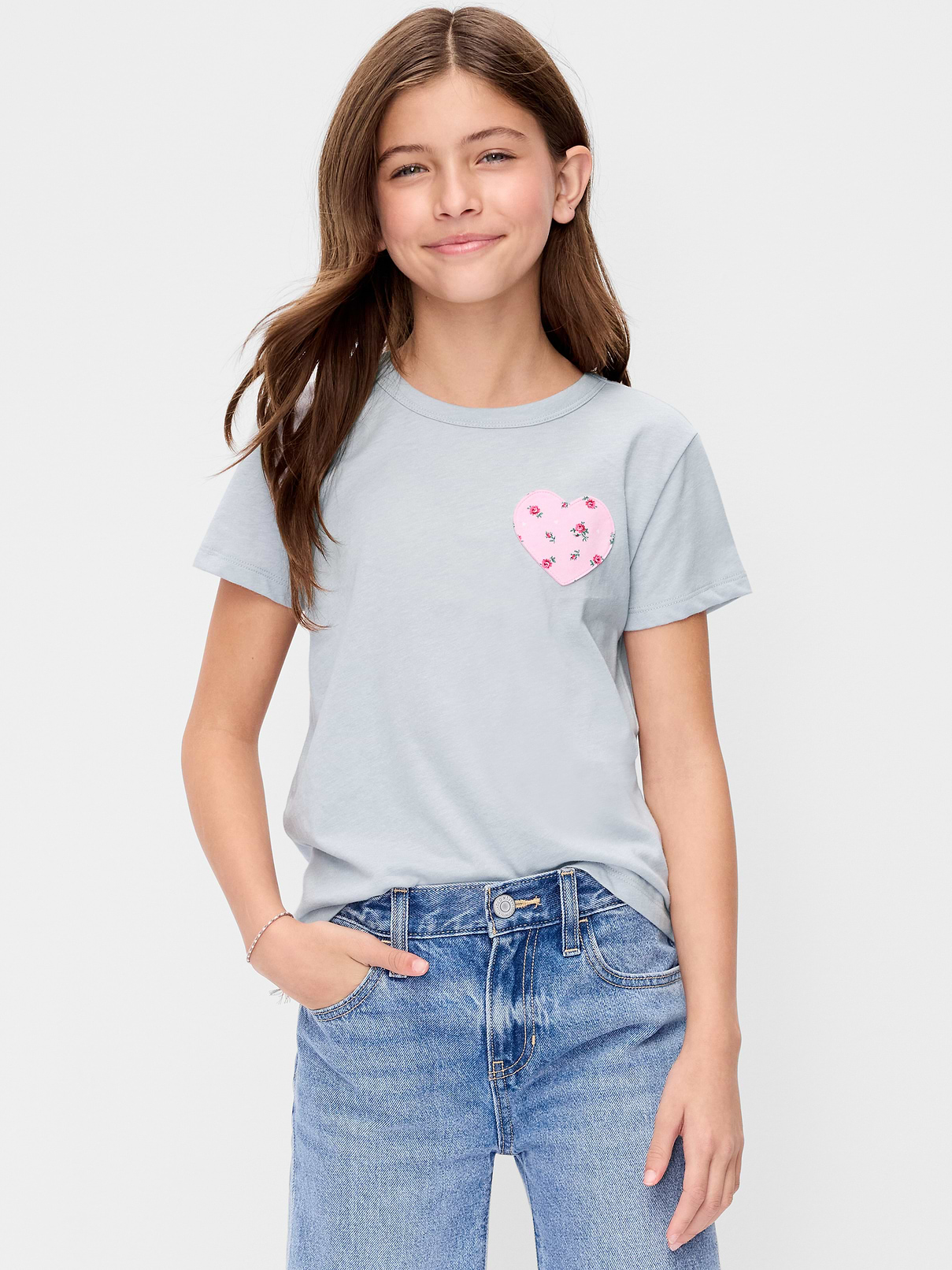 Image 1 of 3, scoop neck, short sleeves, heart shaped patch pocket, Product #905994