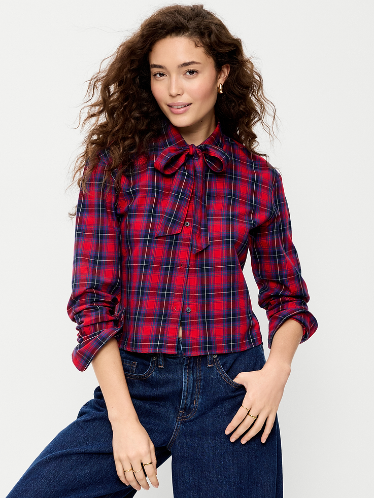 Image 4 of 8, Long-Sleeve Tie-Neck Button-Down Shirt