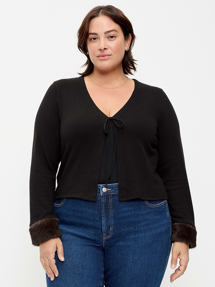 Image 8 of 9, Long-Sleeve Faux-Fur Cuff Tie-Front Top