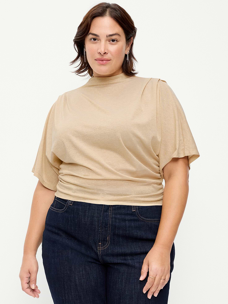 Image 4 of 5, High-Neck Flutter-Sleeve Top