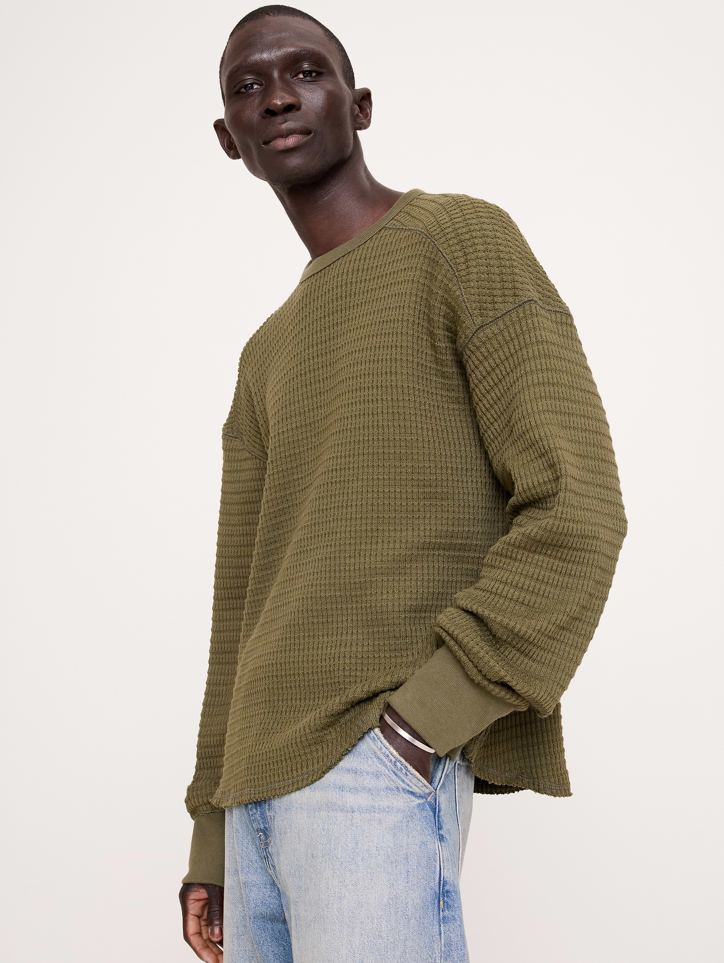 Image 1 of 6, Cut from soft cotton, this heavyweight shirt uses a textured waffle detail that makes it an easy go-to for dressing up on a cool day., Standard fit: A straight and easy fit., Crew neck., Straight hem., Product #1180478
