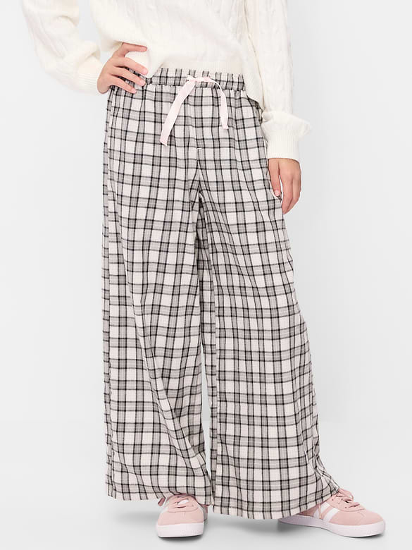 Pull-On Wide-Leg Flannel Plaid Pants for Girls