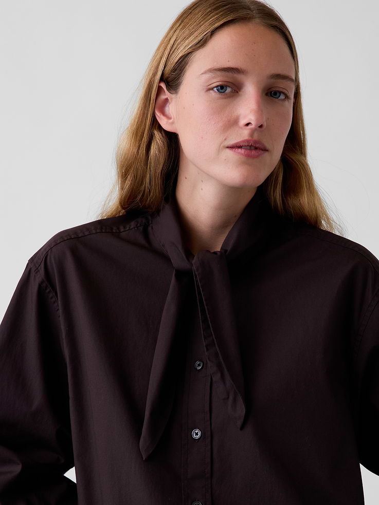 Image 4 of 5, Organic Cotton Poplin Tie-Neck Big Shirt