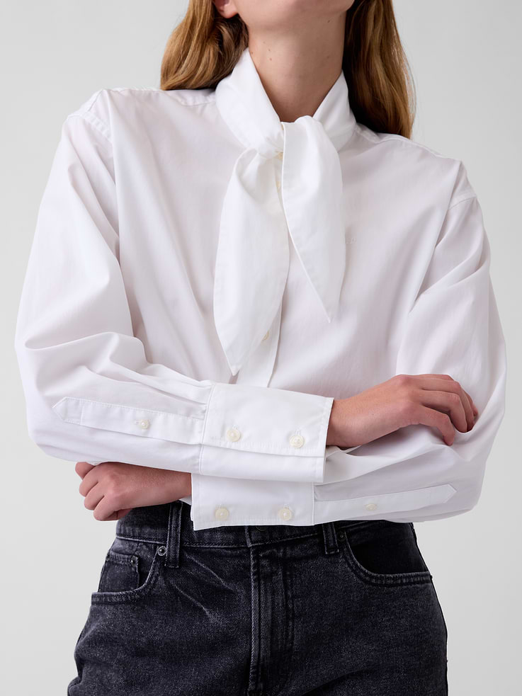 Image 4 of 5, Organic Cotton Poplin Tie-Neck Big Shirt