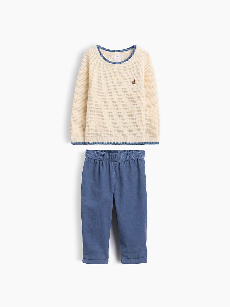 Image 1 of 3, Soft knit cotton sweater and corduroy pull-on pants outfit set., Crewneck., Long sleeves with drop shoulders., Embroidered Brannan Bear at chest., Allover stripes., Banded rib cuffs and hem., Elasticized waist at corduroy pants., Jersey-lined pants., Product #913688
