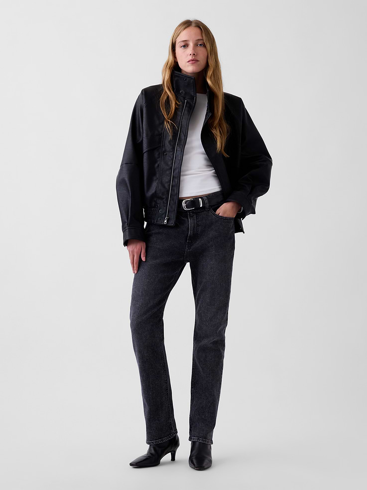 Image 1 of 6, Fit: A full-length classic straight-leg jean that's slim through the hip & thigh., Fabric: 94% Cotton, 5% Recycled Cotton, 1% Elastane., Stretch: Low Stretch Jeans. Looks like vintage denim but feels like you've had them forever. ​Easy & comfortable with a little secret stretch., Rise: High Rise Jeans., Look: A classic five-pocket jean in a dark grey wash., Details: Zip fly & five-pocket styling., Responsibly Made: This pair of jeans is part of our water-saving Washwell program. Compared with conventional wash methods, Washwell uses at least 20% less water., Made with 50% Protocol cotton verified by the U.S. Cotton Trust Protocol, a program which works with farms committed to improving their environmental footprint by minimizing water usage and improving soil health (Claim No. 10127)., Made with 5% recycled cotton. Compared to virgin materials, using recycled materials helps reduce resource use and waste., This product was made in a factory that invests in gender equity and women’s empowerment through RISE. Learn more at gapinc.com/equity ., Product #1185255