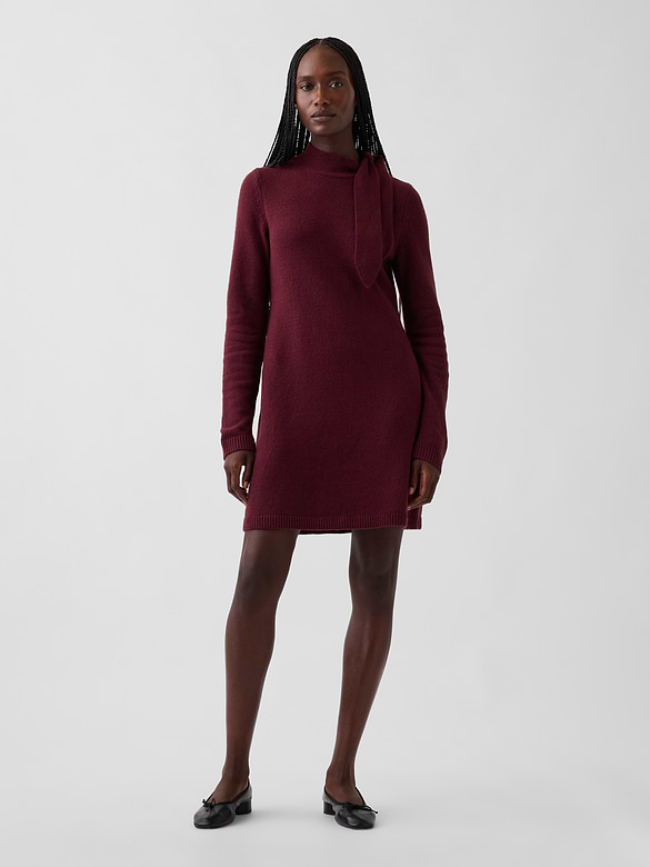 CashSoft Tie-Neck Sweater Mini Dress