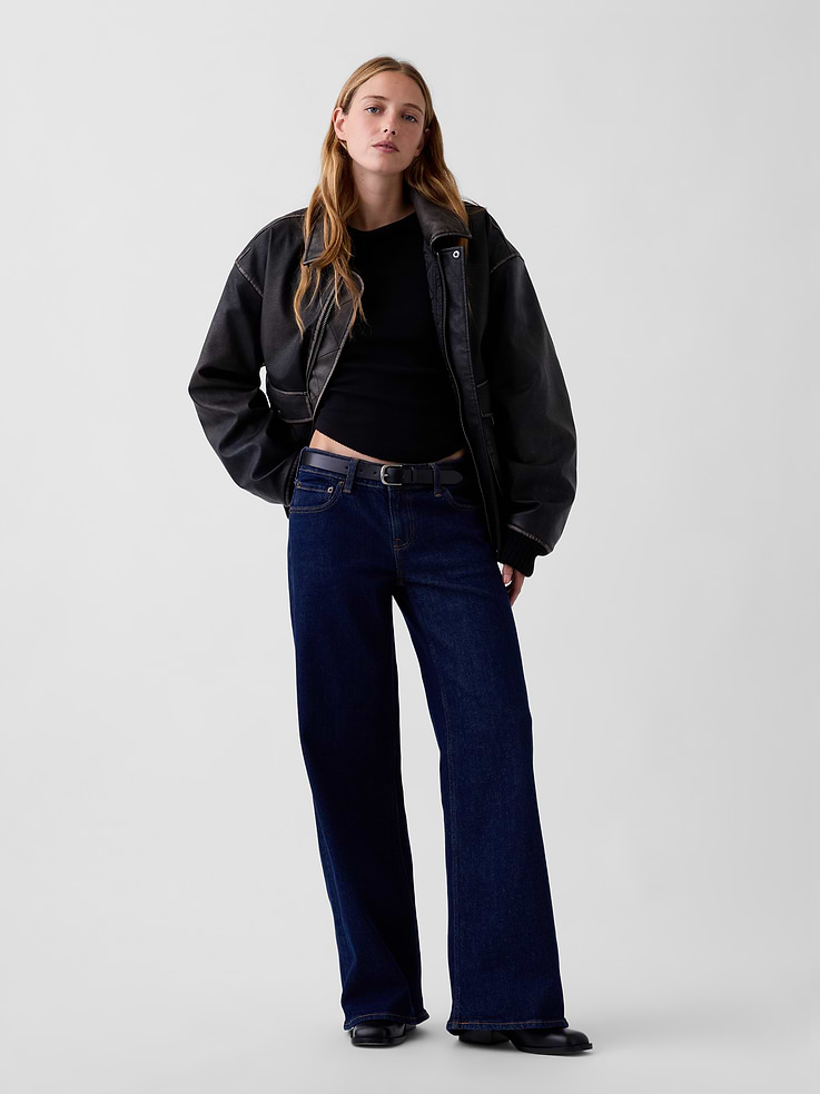 Image 1 of 7, Fit: Low slung & loose in the hip & thigh. With a relaxed wide leg, easy fit & full-length cut., Fabric: 99% Cotton, 1% Stretch., Stretch: Low Stretch Jeans. Authentic denim with a soft & easy lived-in feel., Rise: Low Rise Jeans., Look: A five-pocket wide-leg jean in a dark wash., Details: Zip fly & five-pocket styling., Responsibly Made: This pair of jeans is part of our water-saving Washwell program. Compared with conventional wash methods, Washwell uses at least 20% less water., More Sustainable Cotton: Made with 5% recycled cotton. Compared to virgin materials, using recycled materials helps reduce resource use and waste., Product #1185267