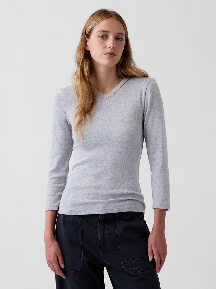Image 1 of 6, Soft stretch cotton-modal blend T-shirt., High v-neck., 3/4 sleeves., Product #1189486