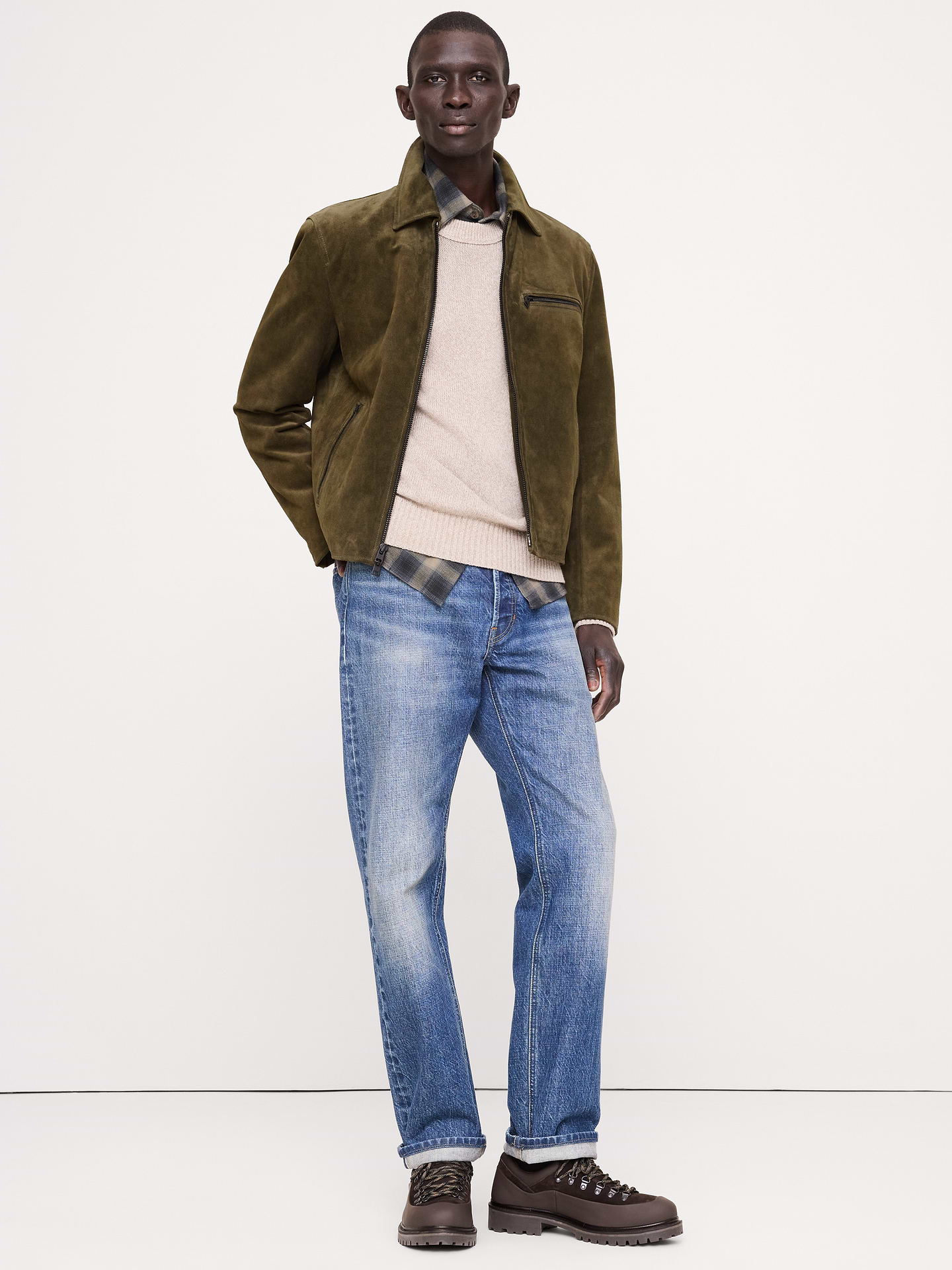 Image 1 of 4, Based on a classic racing jacket from the 1970s, we kept the 3-pocket design of the original and reached for a luxe suede that mimics the patina and loved-in finish of the original. Produced in one of the world's most-renowned leather ateliers., Slim Fit: Fitted. Sits close to the body with a straight silhouette., Fabric from Italy's Montebello mill., Point collar with zip front closure., Three exterior pockets. One interior pocket., Fully lined., Product #1180059