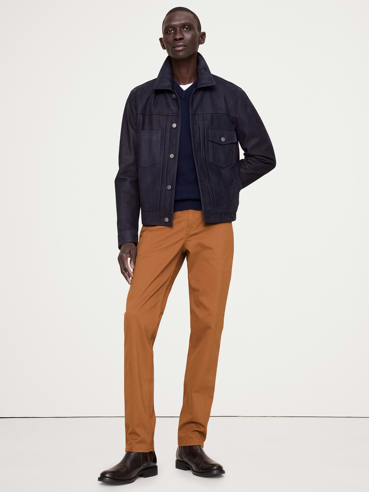 Image 1 of 8, Our best Traveler Pant to date. We kept the fit the same (why mess with a good thing?) and upgraded the fabric to have a more pronounced twill texture that we think reads more rugged-vintage., Slim Fit: Mid-rise (11"). Slim through thigh with a slim leg., Fabric from Italy's Olimpias mill., Zip fly with button closure. Belt loops., Five-pocket styling., Product #744271