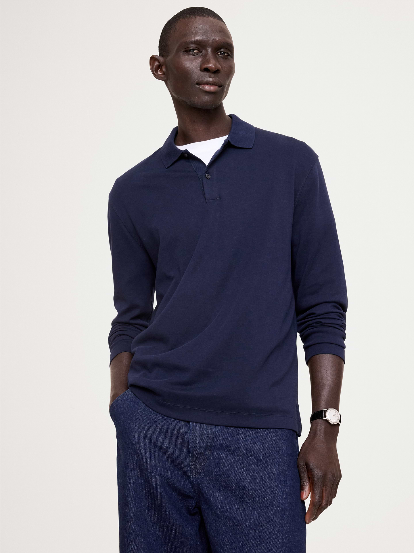 Image 1 of 1, This long-sleeve polo is cut from our Luxury-Touch cotton jersey—beloved for its signature softness and a smooth finish that leans more dressed-up in appearance., Standard Fit: A straight and easy fit., Polo collar with button placket., Straight hem with vented sides., Product #829415